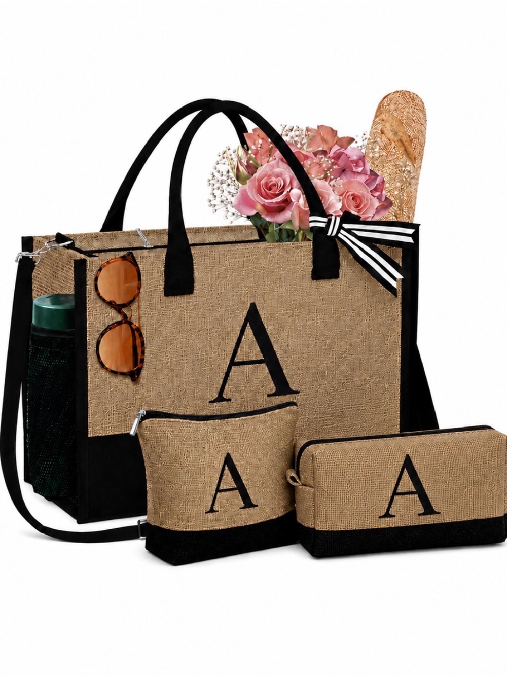 Monogrammed Letter A Tote Bag & 2 Costmetic Bags Vegan Made From 100% Jute NWT